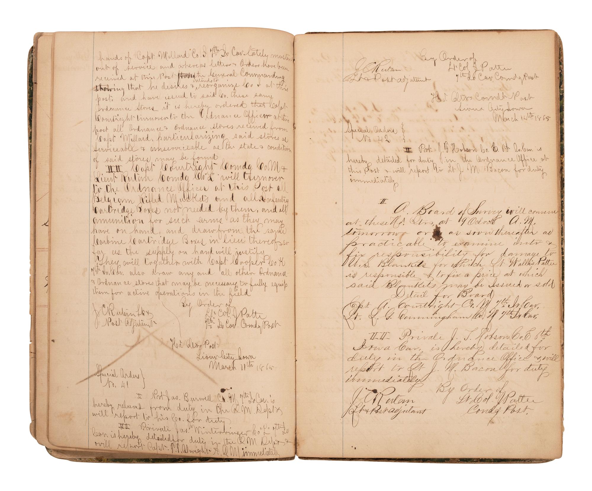 [INDIAN WARS]. Manuscript special orders book for 7th Iowa Volunteer Cavalry, 1864-1866.