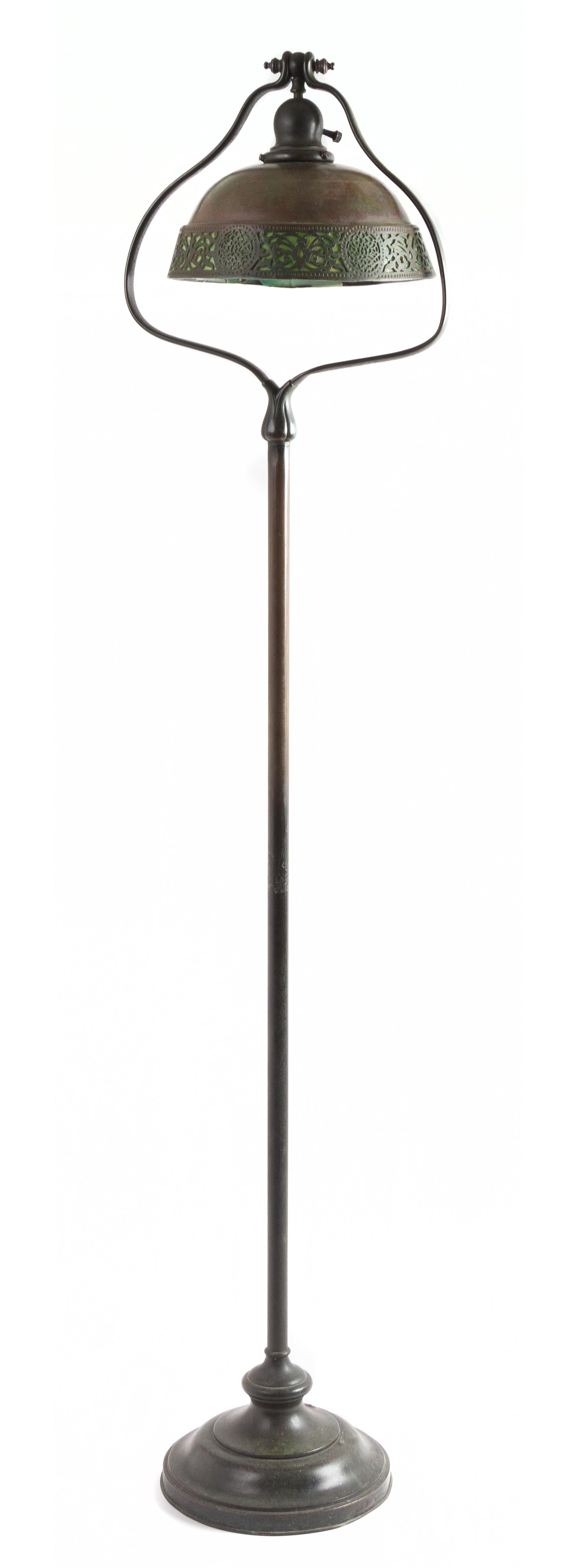 Attributed to Handel, FIRST QUARTER 20TH CENTURY, a bronze floor lamp base, with associated glass and bronze shade