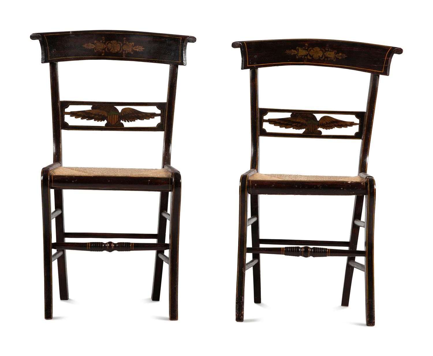 A Pair of Classical Eagle Carved and Grain Paint Decorated Rush Seat Side Chairs