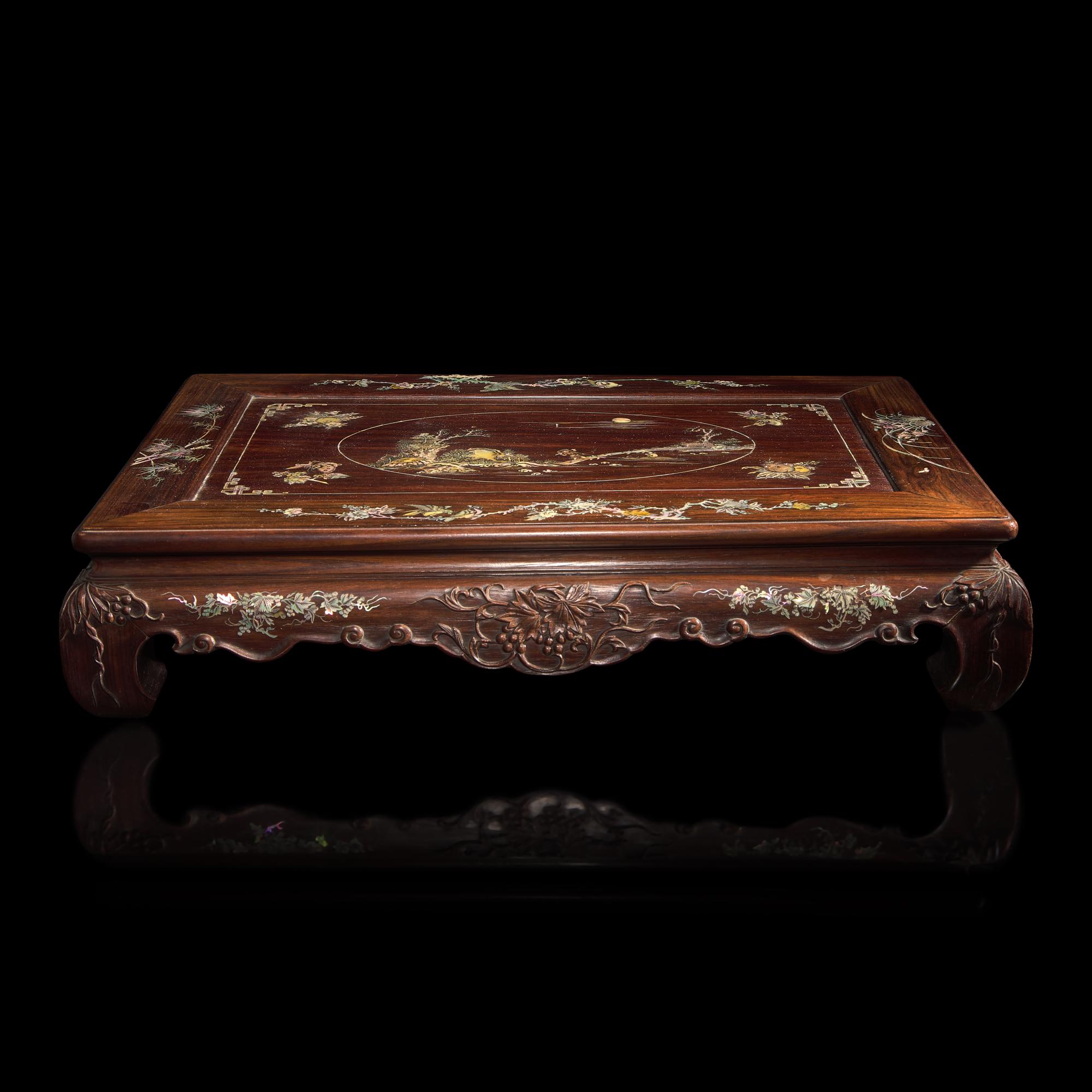 A Finely-Carved and Inlaid Hardwood Small Low Table, First Half of 20th Century — 民國 硬木嵌螺鈿方座