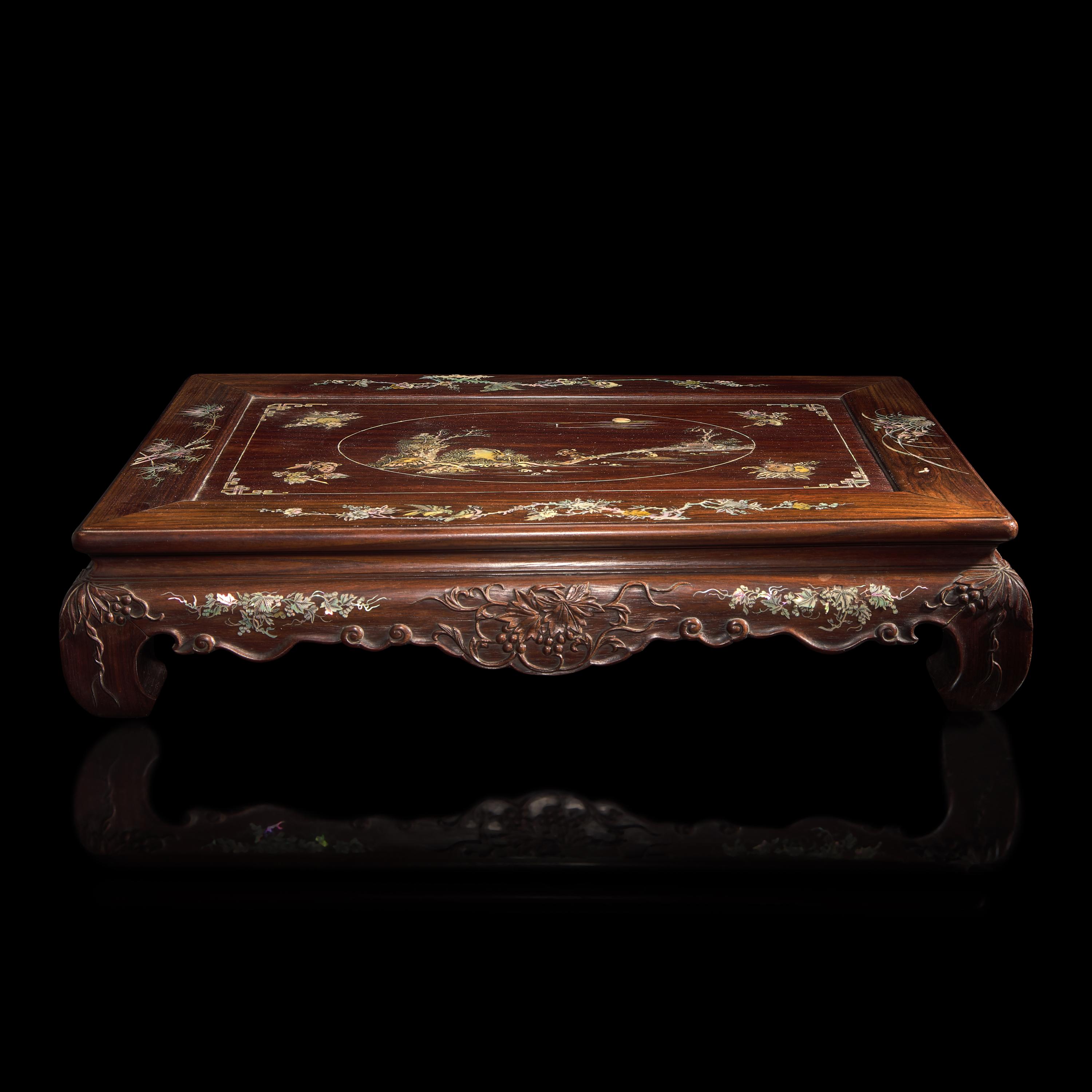 A Finely-Carved and Inlaid Hardwood Small Low Table, First Half of 20th Century — 民國 硬木嵌螺鈿方座