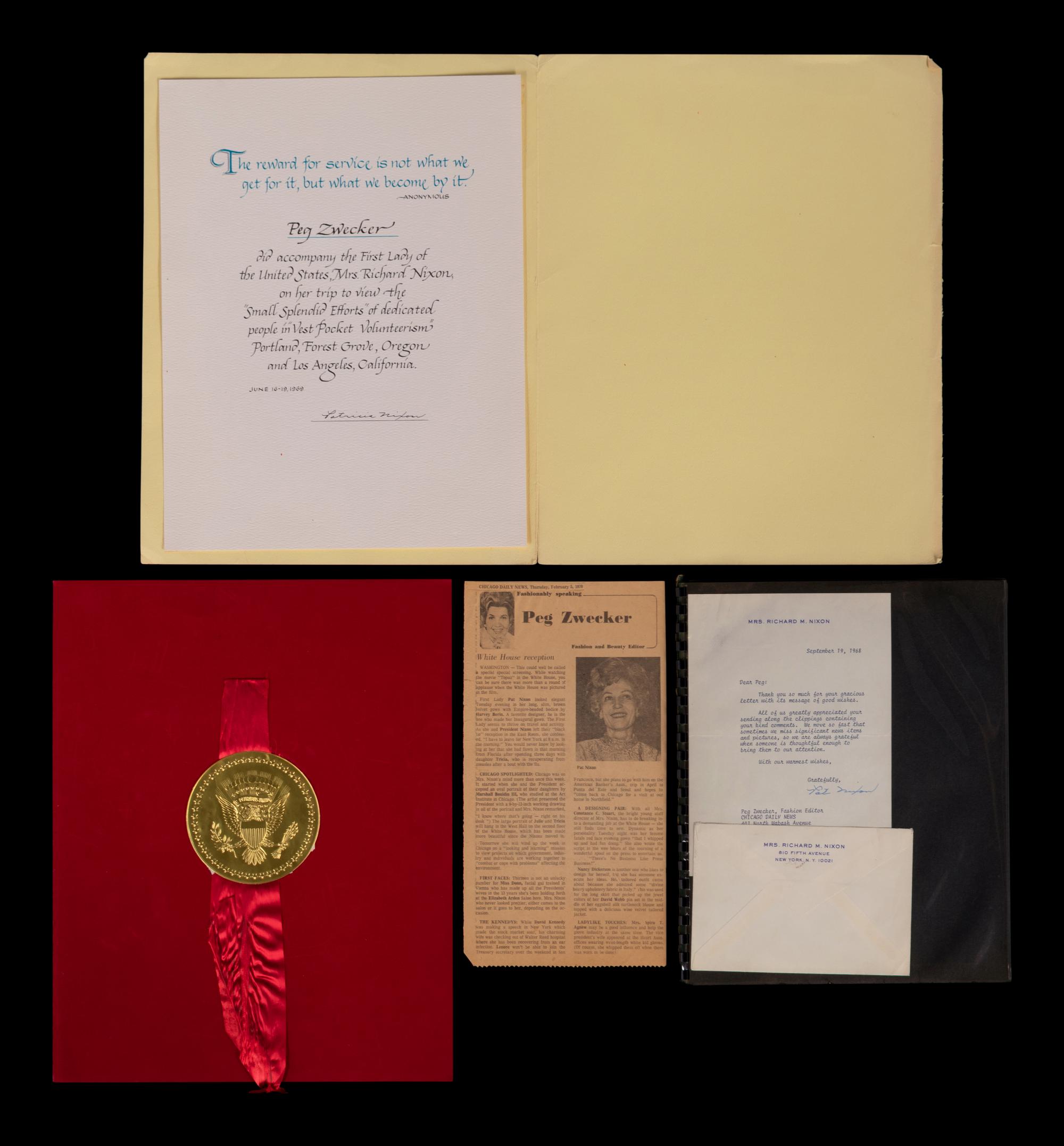 (Politics) NIXON, Patricia Ryan (1912-1993). A group of 10 letters between Peg Zwecker, Pat Nixion, and the Nixon Whitehouse Staff.
