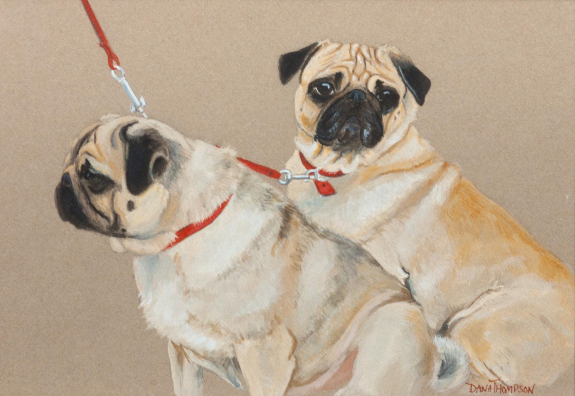 A Watercolor depicting Two Pugs 5 1/4 x 7 1/2 inches. — Dana Thompson (American, 20th century)
