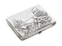 A Russian Silver Cigarette Case, Moscow, early 20th century, the case with raised decoration of Mother Russia personified with symbols