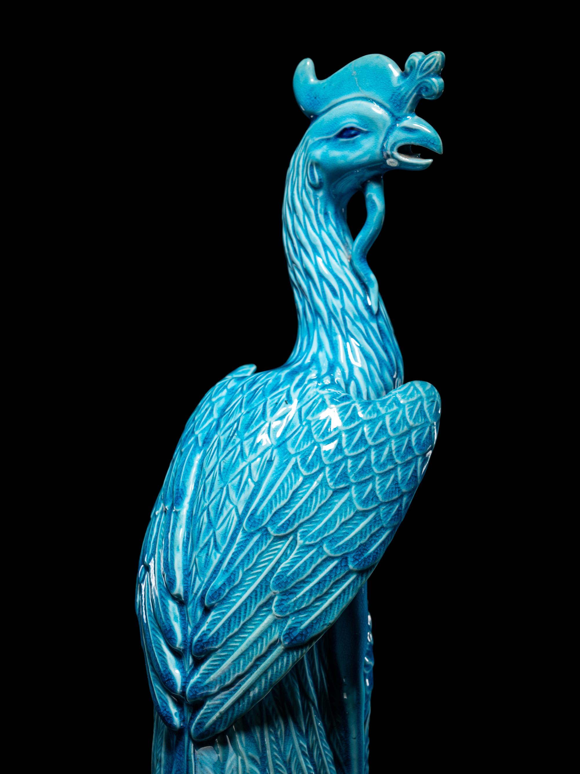 A Pair of Chinese Export Turquoise Glazed Porcelain Figures of Phoenix