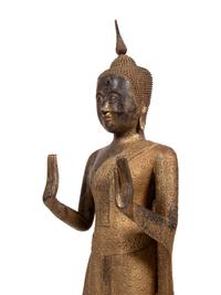 A Large Thai Gilt Decorated Bronze Figure of Standing Buddha