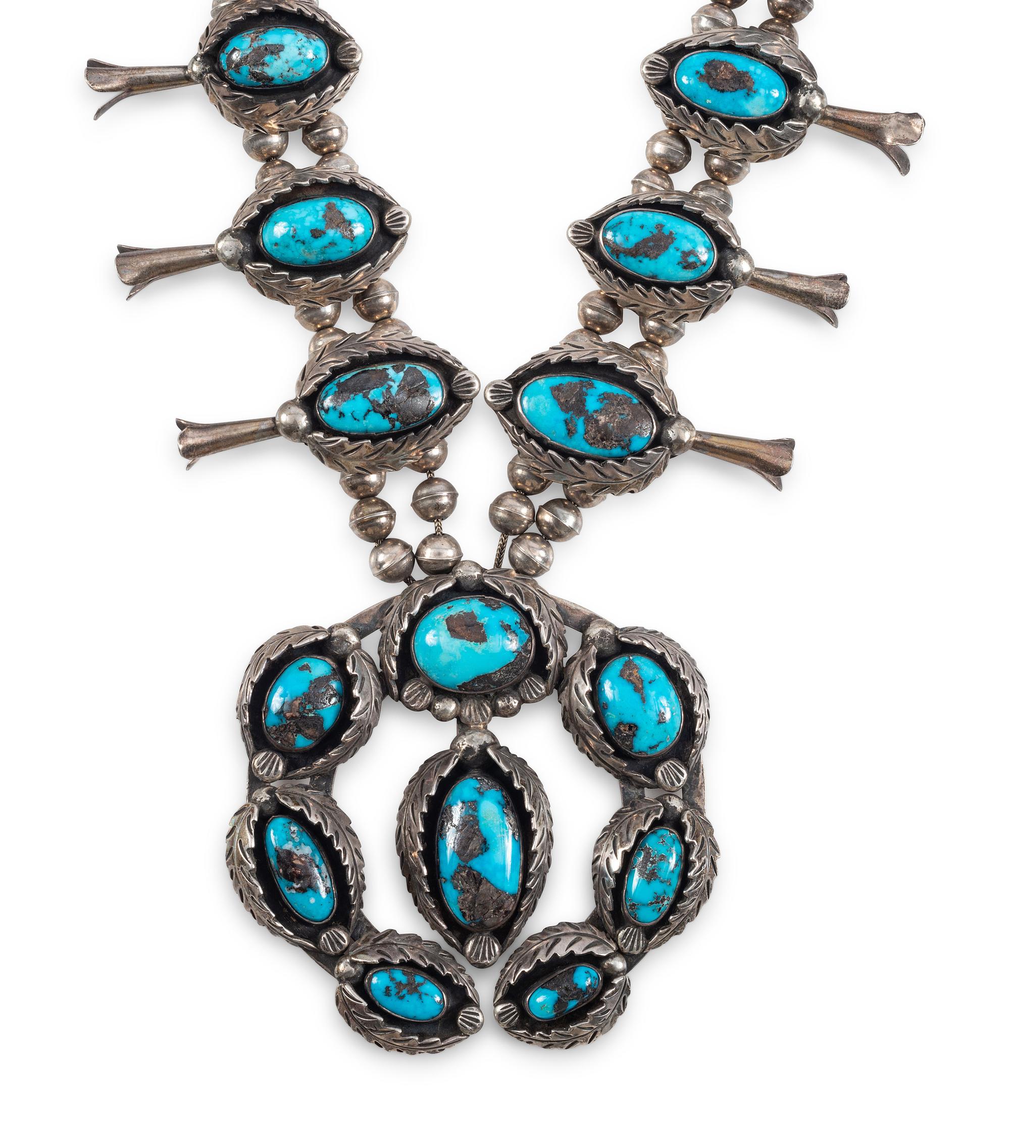 Navajo Silver and Turquoise Squash Blossom Necklace