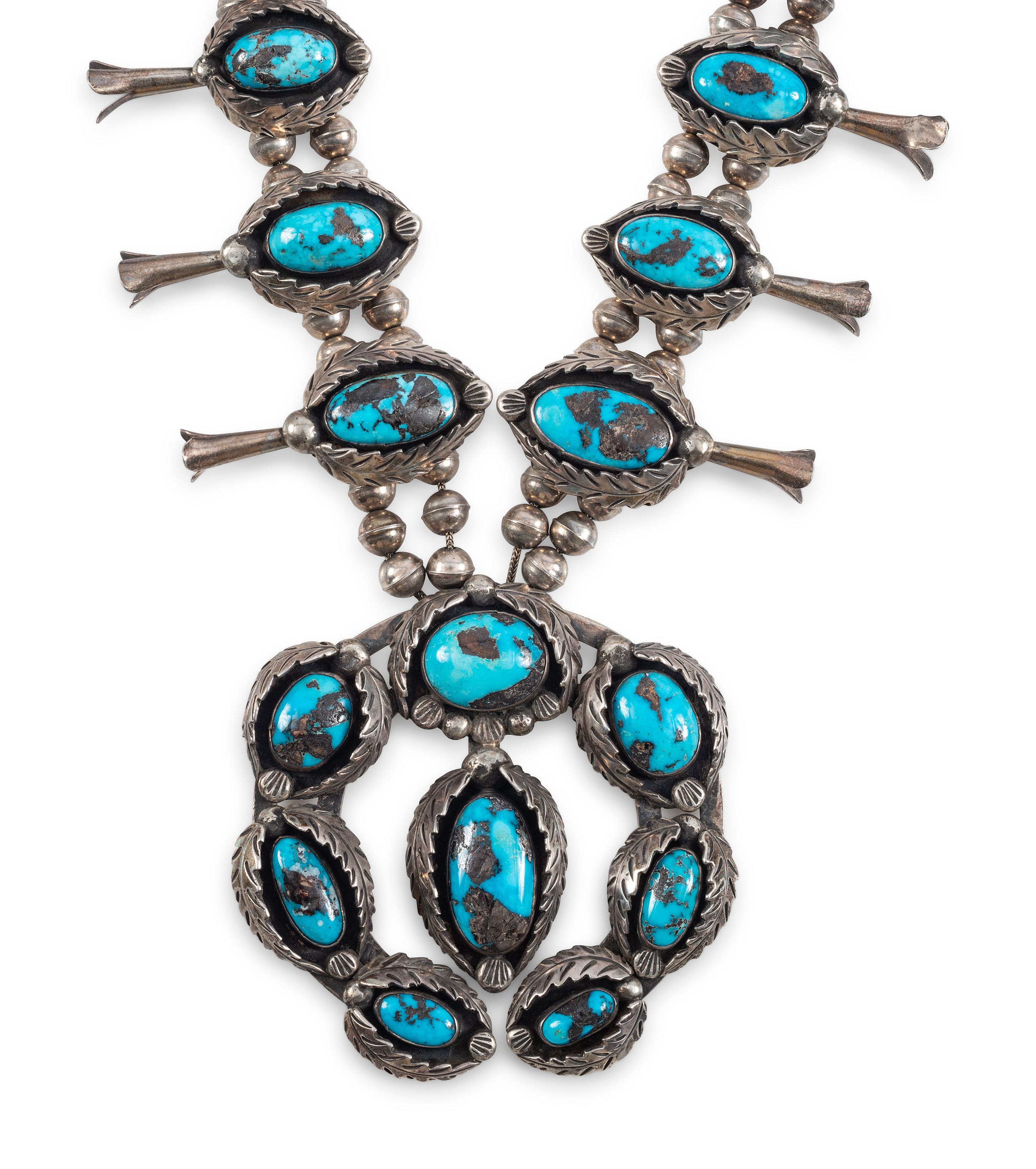 Navajo Silver and Turquoise Squash Blossom Necklace