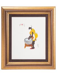 LEE, Annie (1935-2014). Original oil on canvas of a woman doing wash painted by African American painter Annie Lee. 1983.