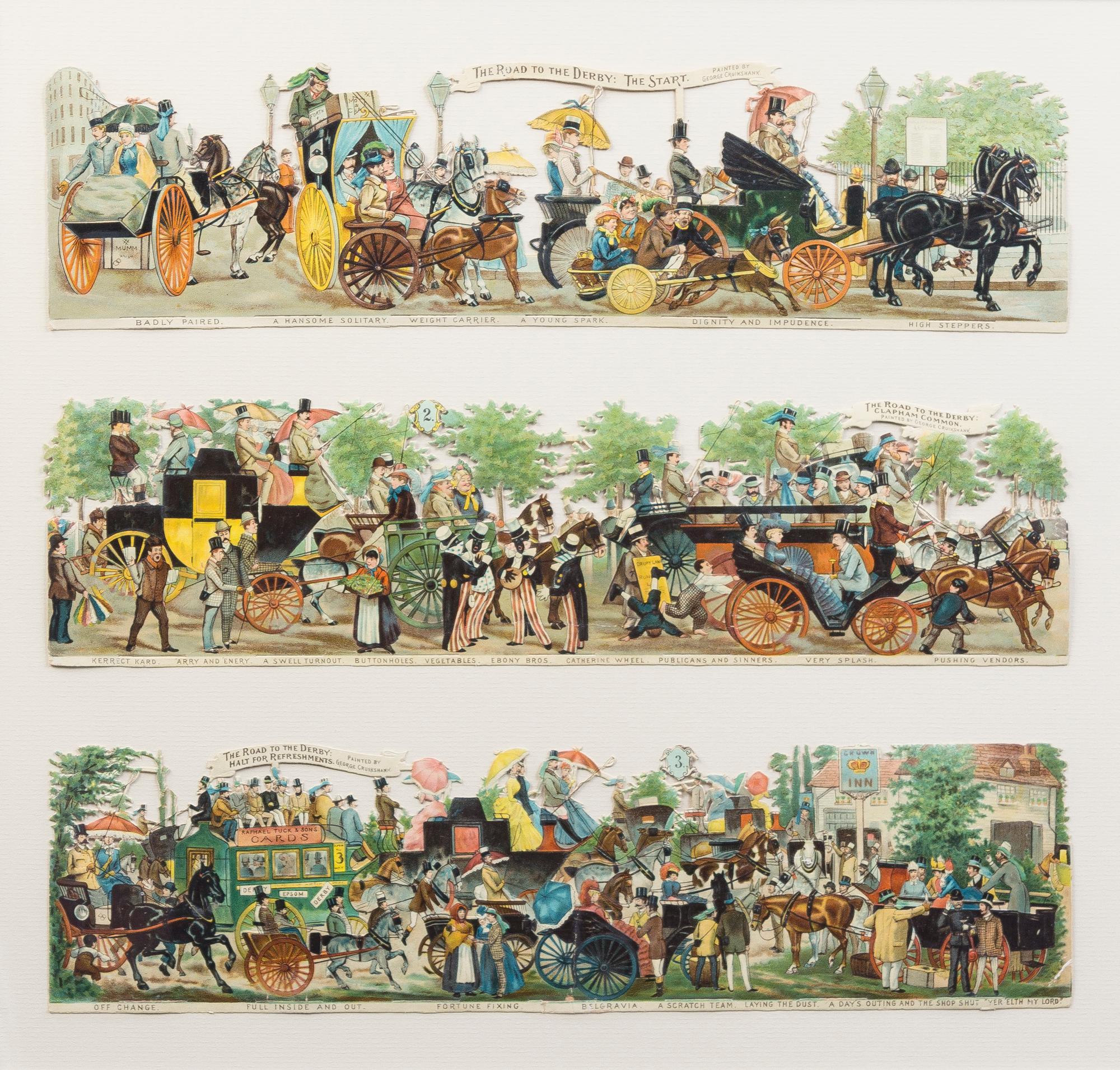CRUIKSHANK, GEORGE. The Road to the Derby. 6 chromolithographs in two frames. Size of frame 19 x 19 3/4 inches, each.