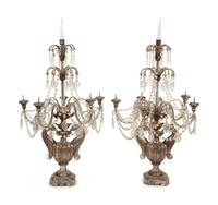 A Pair of Continental Carved Silvered Wood, Cut Glass and Beaded Candelabra