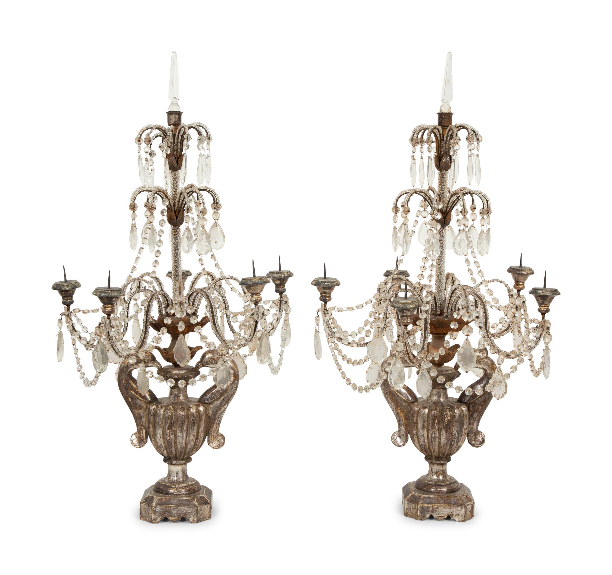 A Pair of Continental Carved Silvered Wood, Cut Glass and Beaded Candelabra
