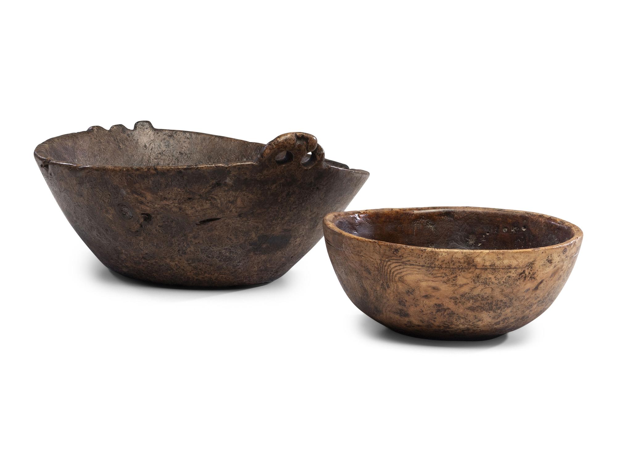 A Carved Wood Handled Burlwood Bowl