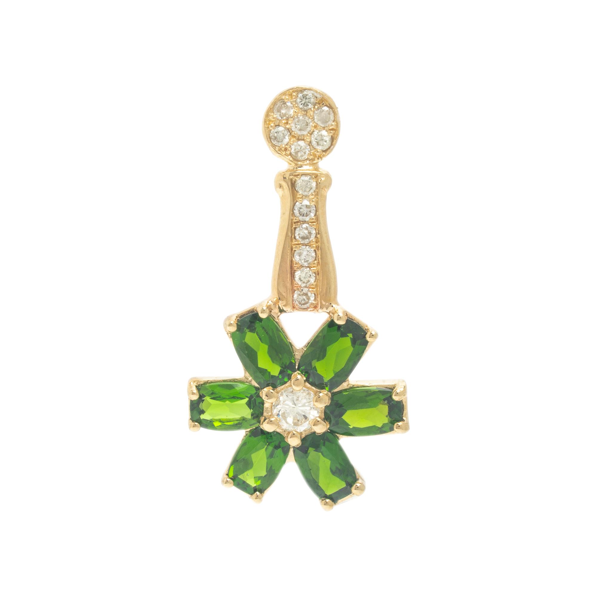 Chrome Diopside, Diamond, and Yellow Gold Flower Earrings and Pendant