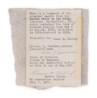 [LINCOLN'S FUNERAL]. A travertine marble fragment from the receiving vault which contained Abraham Lincoln's remains at Oak Ridge Cemetery, Springfield, Illinois, from 4 May to 21 December 1865.