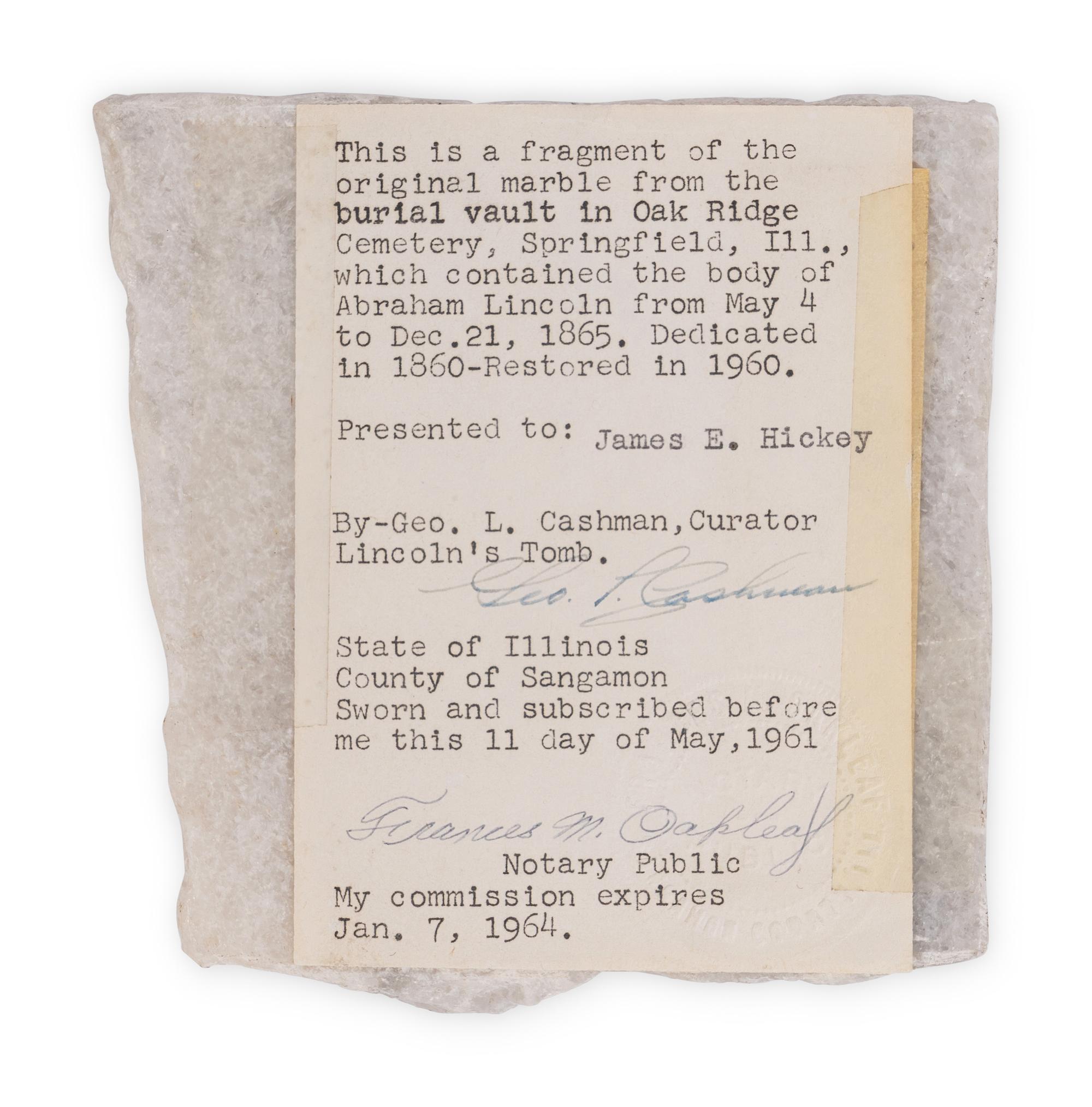 [LINCOLN'S FUNERAL]. A travertine marble fragment from the receiving vault which contained Abraham Lincoln's remains at Oak Ridge Cemetery, Springfield, Illinois, from 4 May to 21 December 1865.
