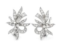 A Pair of Platinum and Diamond Spray Earclips, 6.25 dwts.