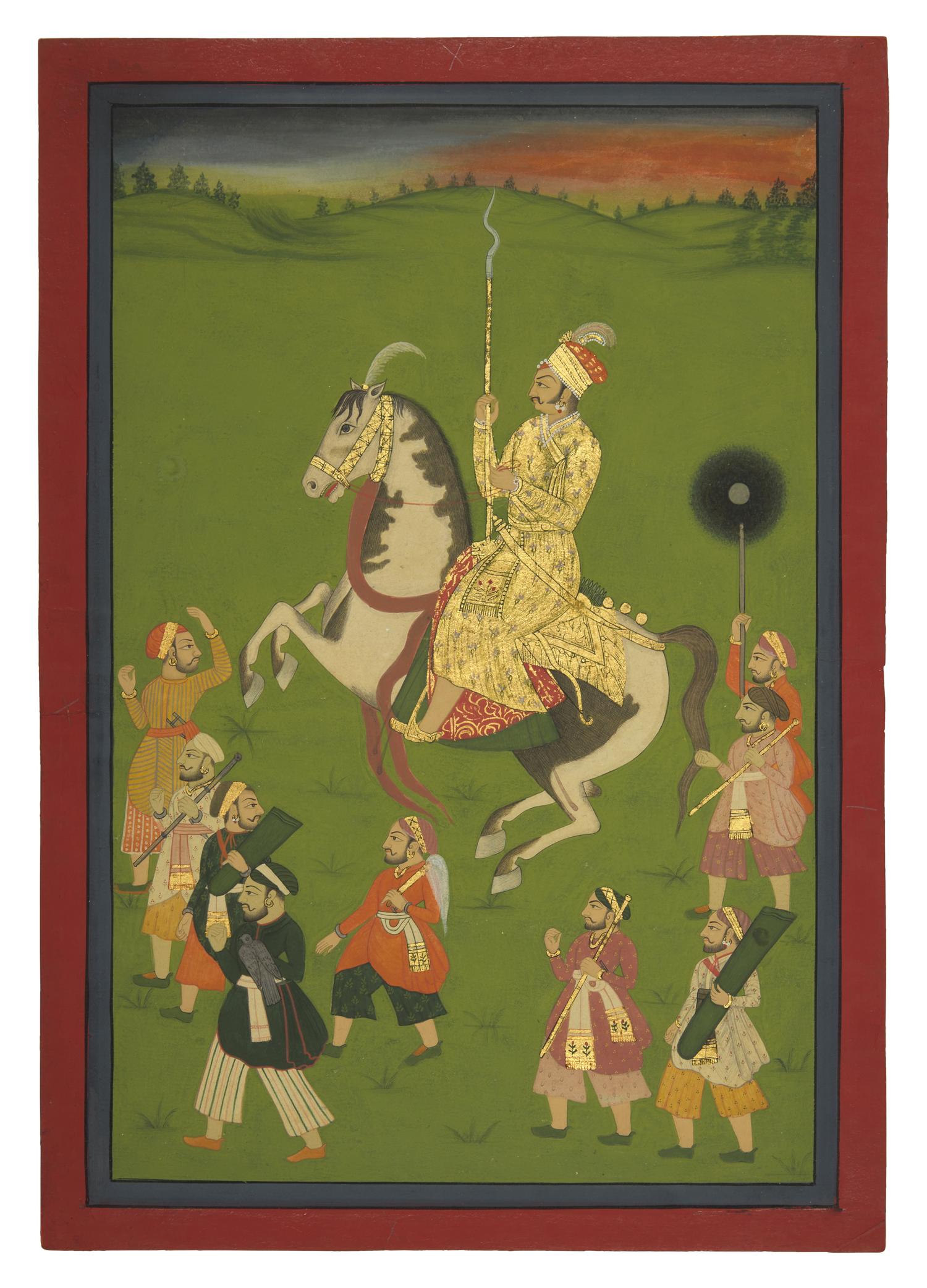 A Fine Large Pair of Equestrian Processional Paintings, North India, In the Manner of Mewar, Udaipur, 20th Century