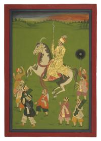 A Fine Large Pair of Equestrian Processional Paintings, North India, In the Manner of Mewar, Udaipur, 20th Century