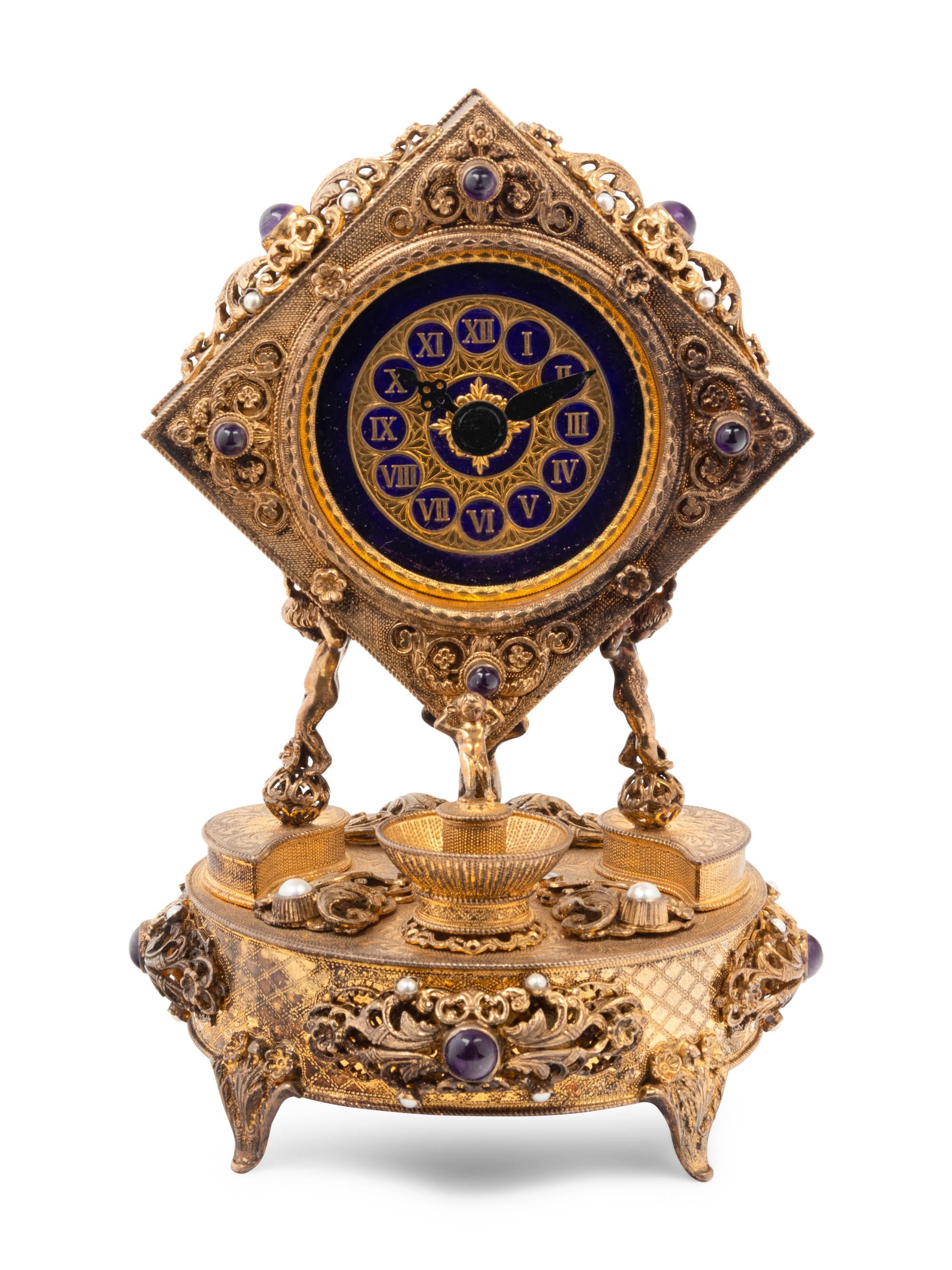 A Neoclassical Style Lapis Lazuli Inset Gilt Metal Mantel Clock
