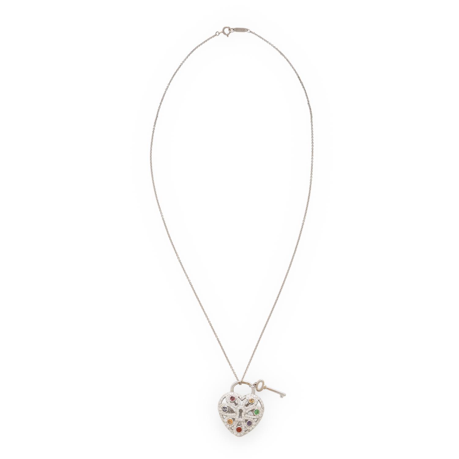 TIFFANY & CO., DIAMOND, MULTIGEM, AND WHITE GOLD 'HEART KEY' PENDANT NECKLACE