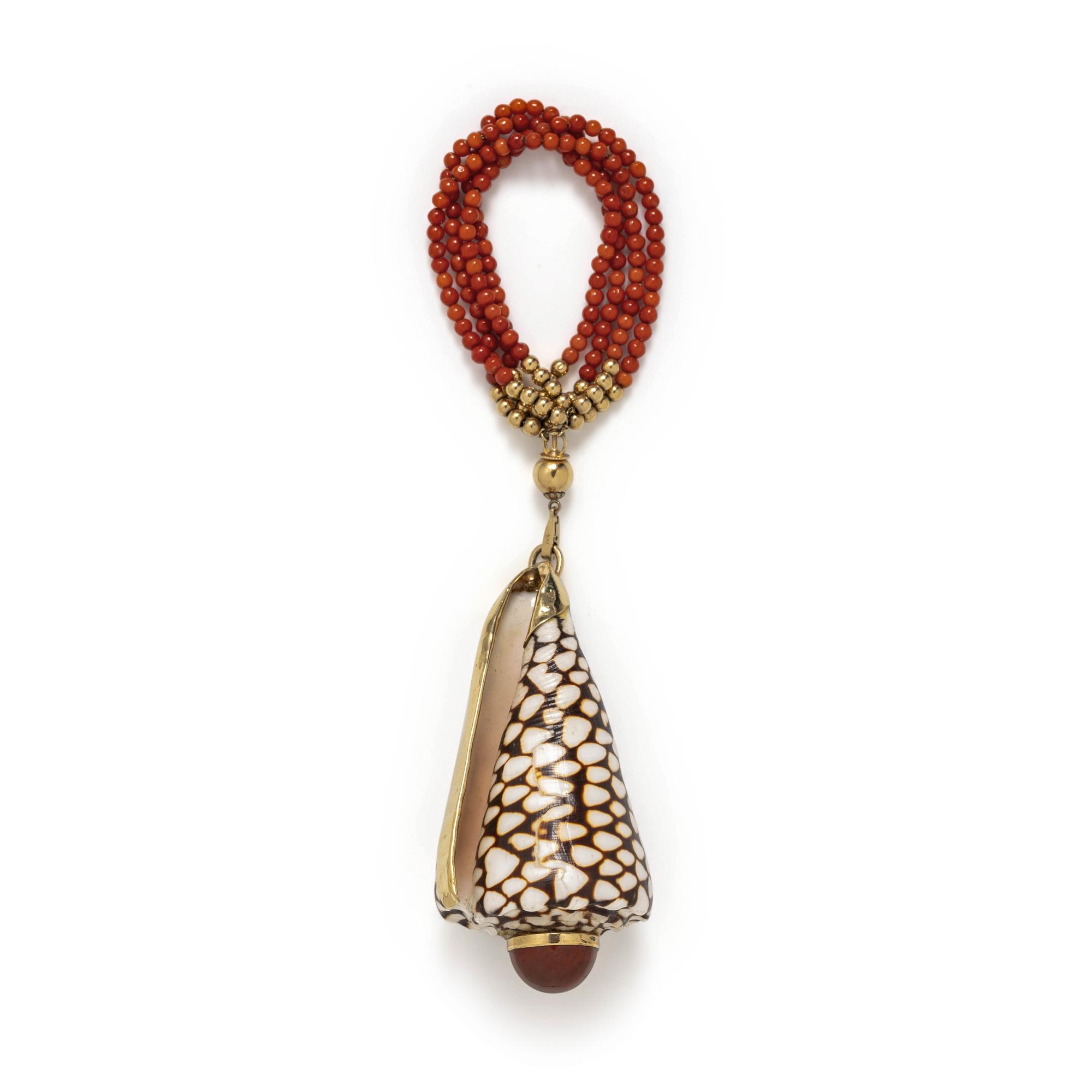 SHELL, CORAL AND JASPER PENDANT