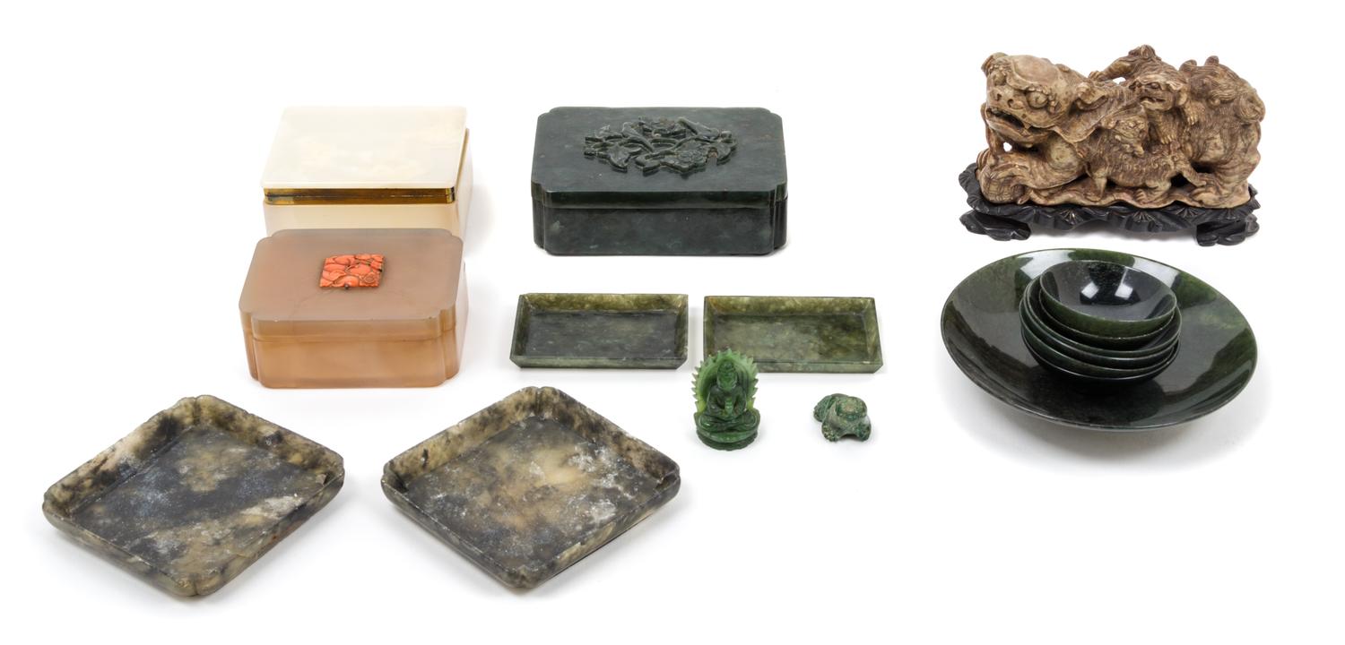 A Collection of 21 Chinese Hardstone Articles Length of longest 12 1/8 inches.