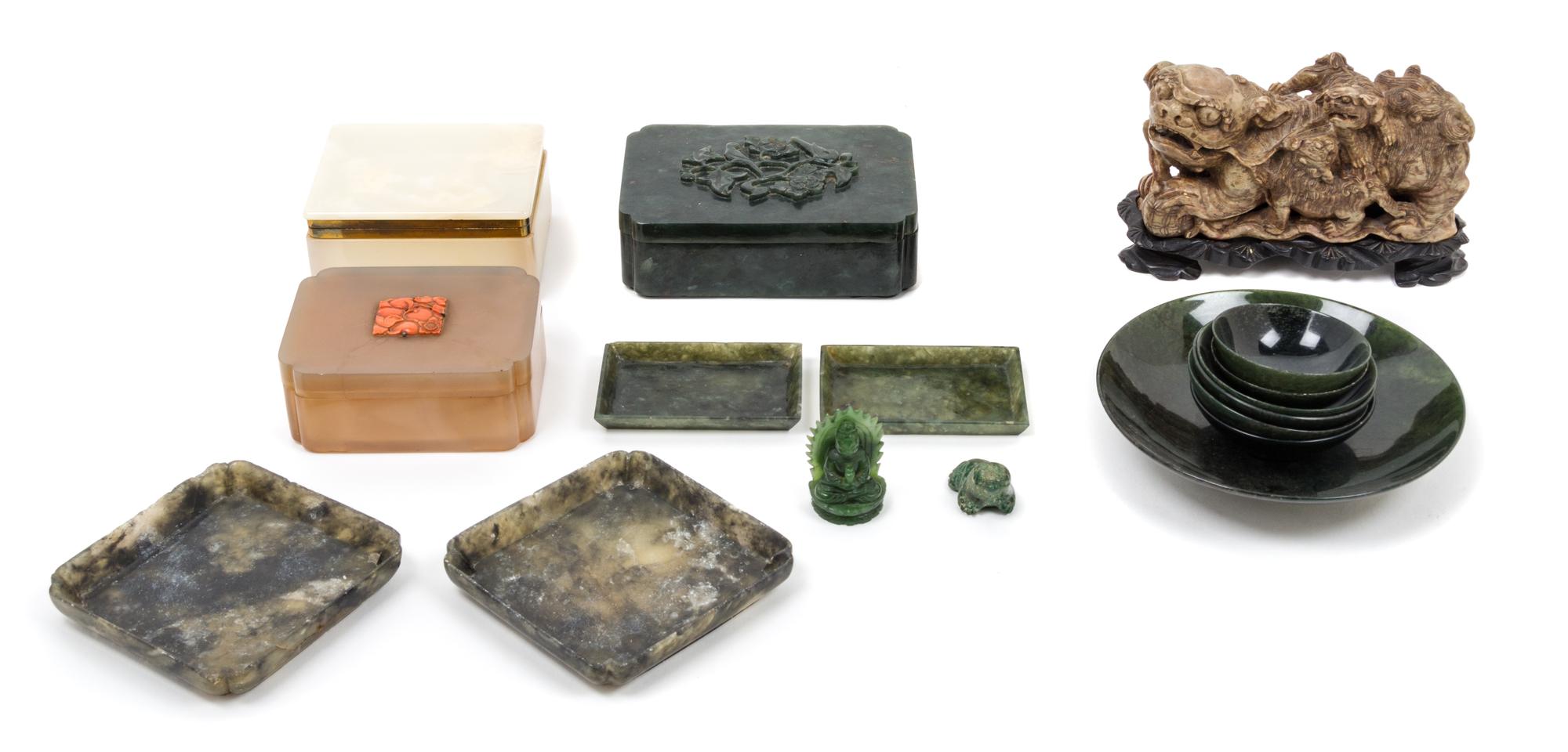 A Collection of 21 Chinese Hardstone Articles Length of longest 12 1/8 inches.