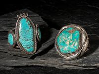 Pair of Large Navajo Silver and Turquoise Cuff Bracelets