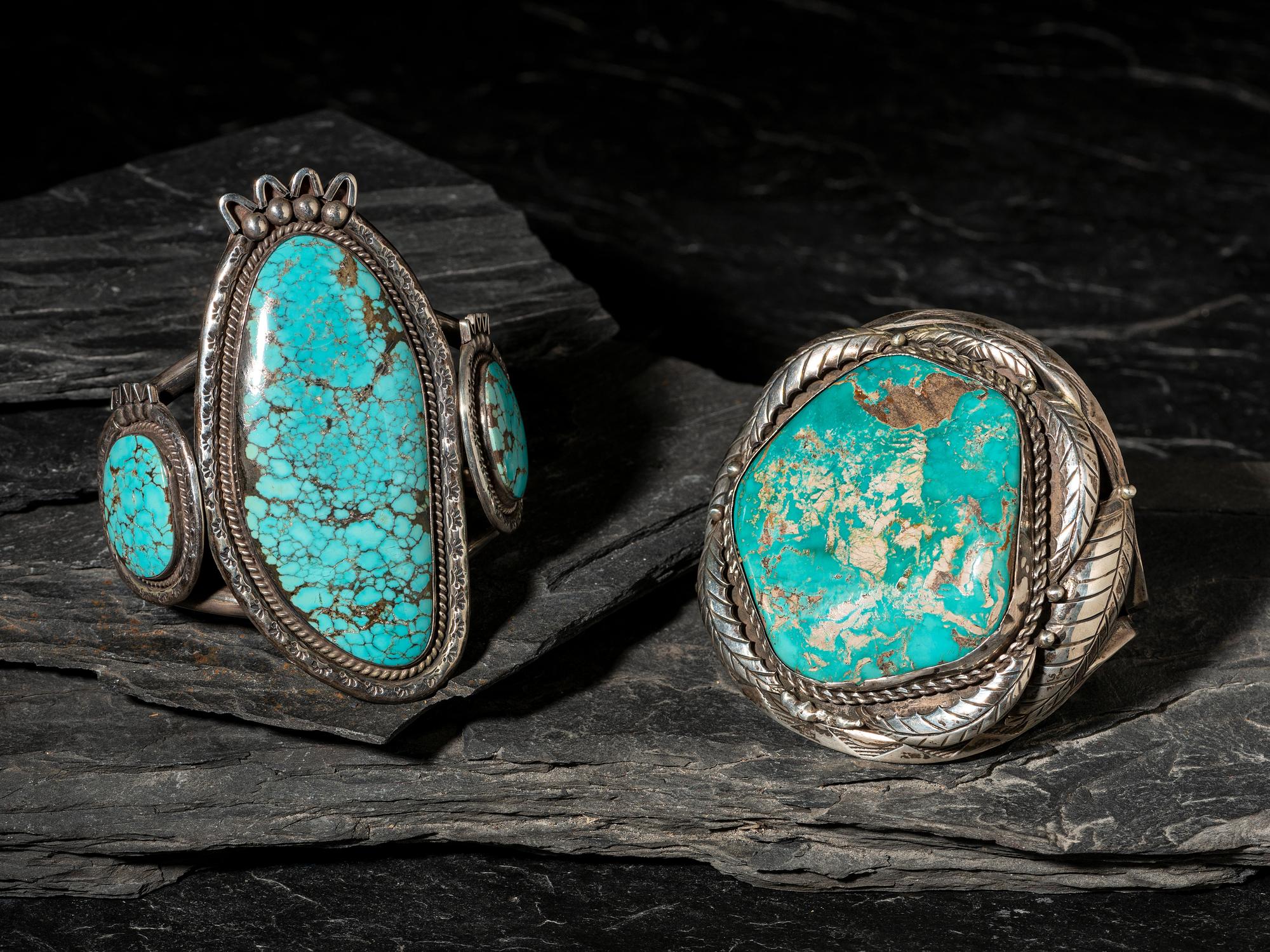 Pair of Large Navajo Silver and Turquoise Cuff Bracelets
