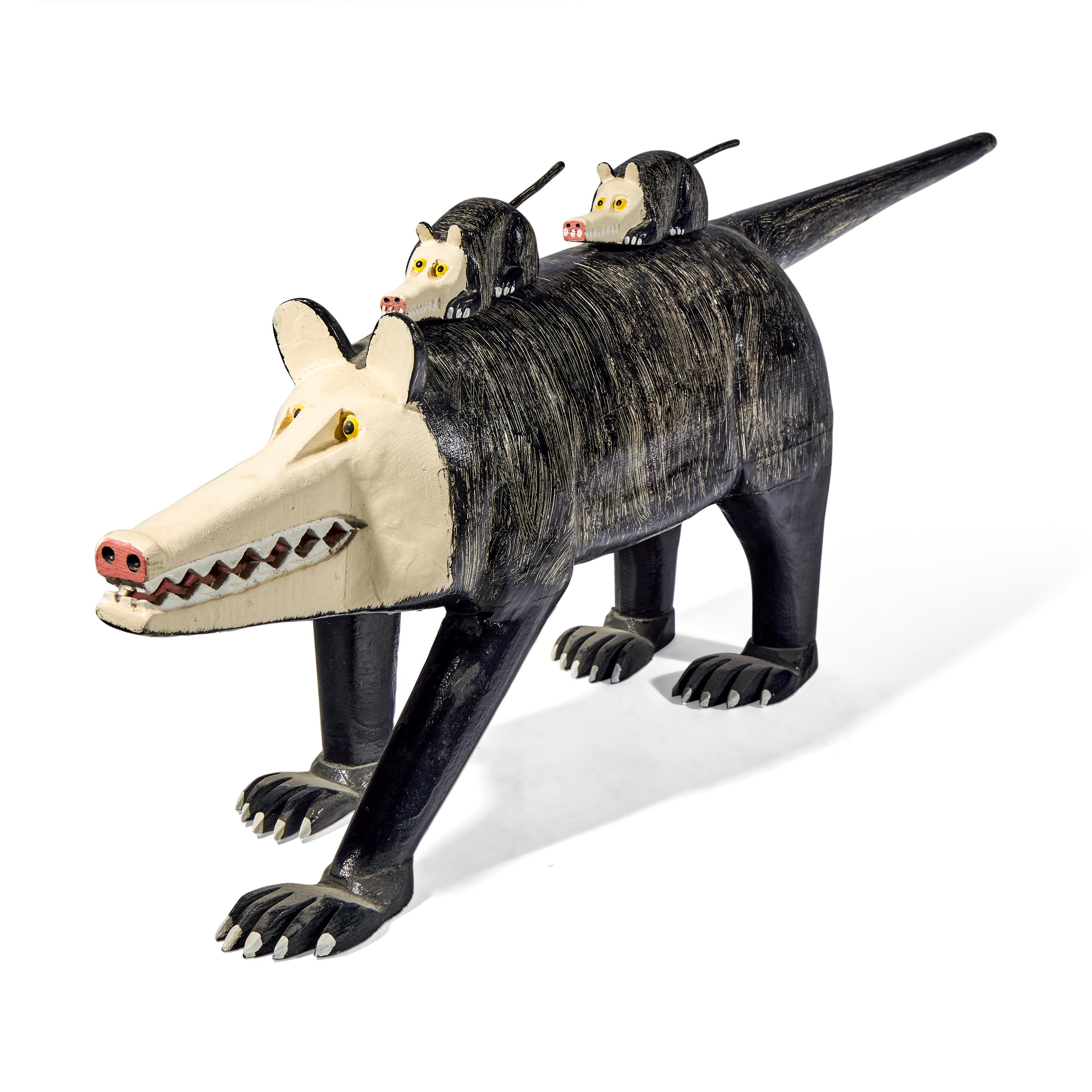 Lonnie & Twyla Money, A Three-Part Carved and Painted Wood Figure: Opossum Mother with Two Babies