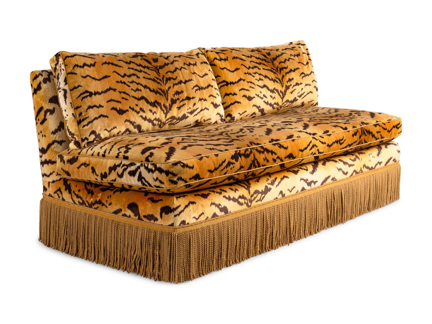 Two Tiger Velvet-Upholstered Banquette Sofas