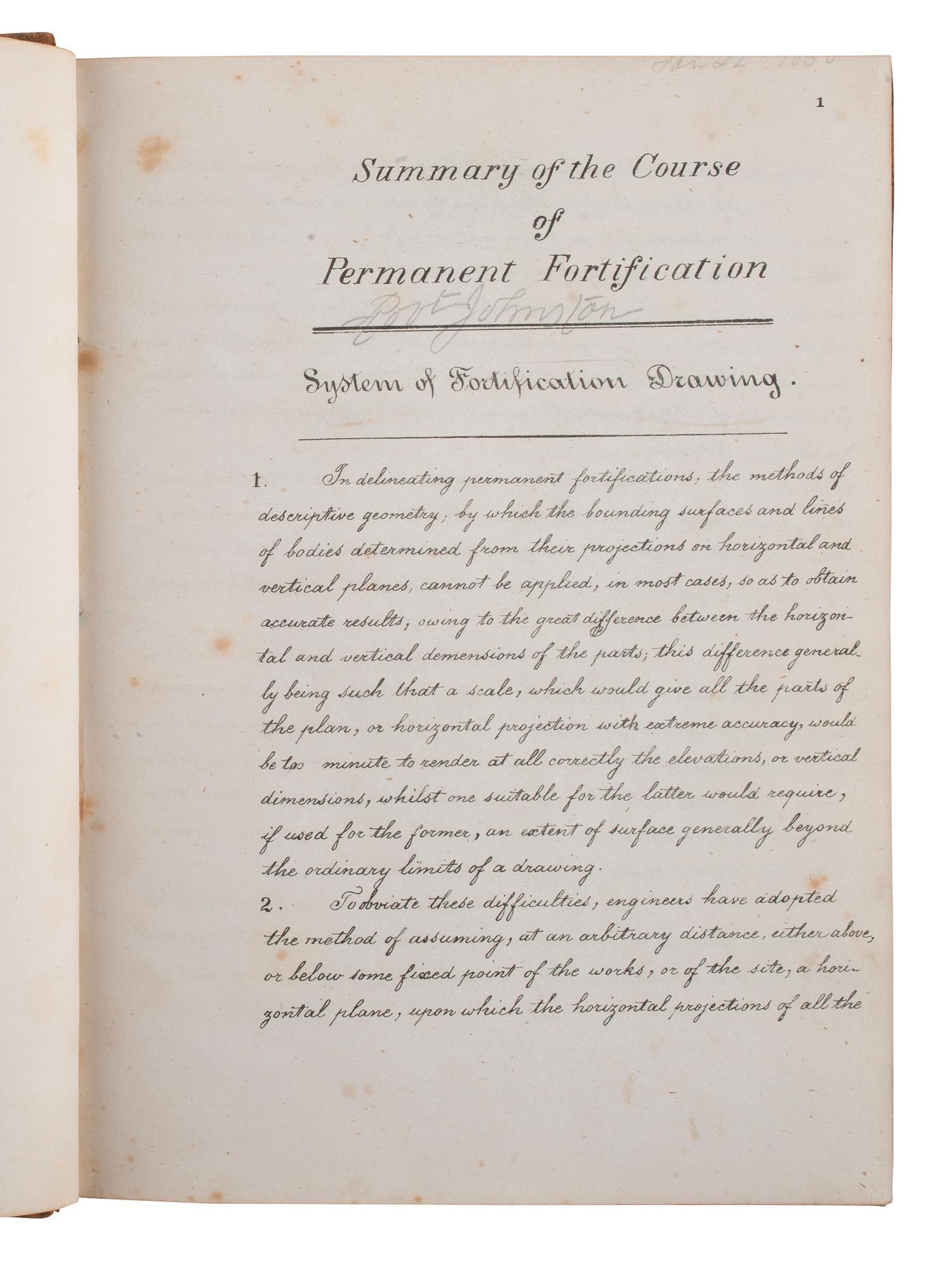 [MILITARIA]. MAHAN, Dennis H. (1802-1871). Summary of the Course of Permanent Fortification. Identified to CSA Colonel Robert Johnston. [ With: ] Photograph of Dennis H. Mahan.