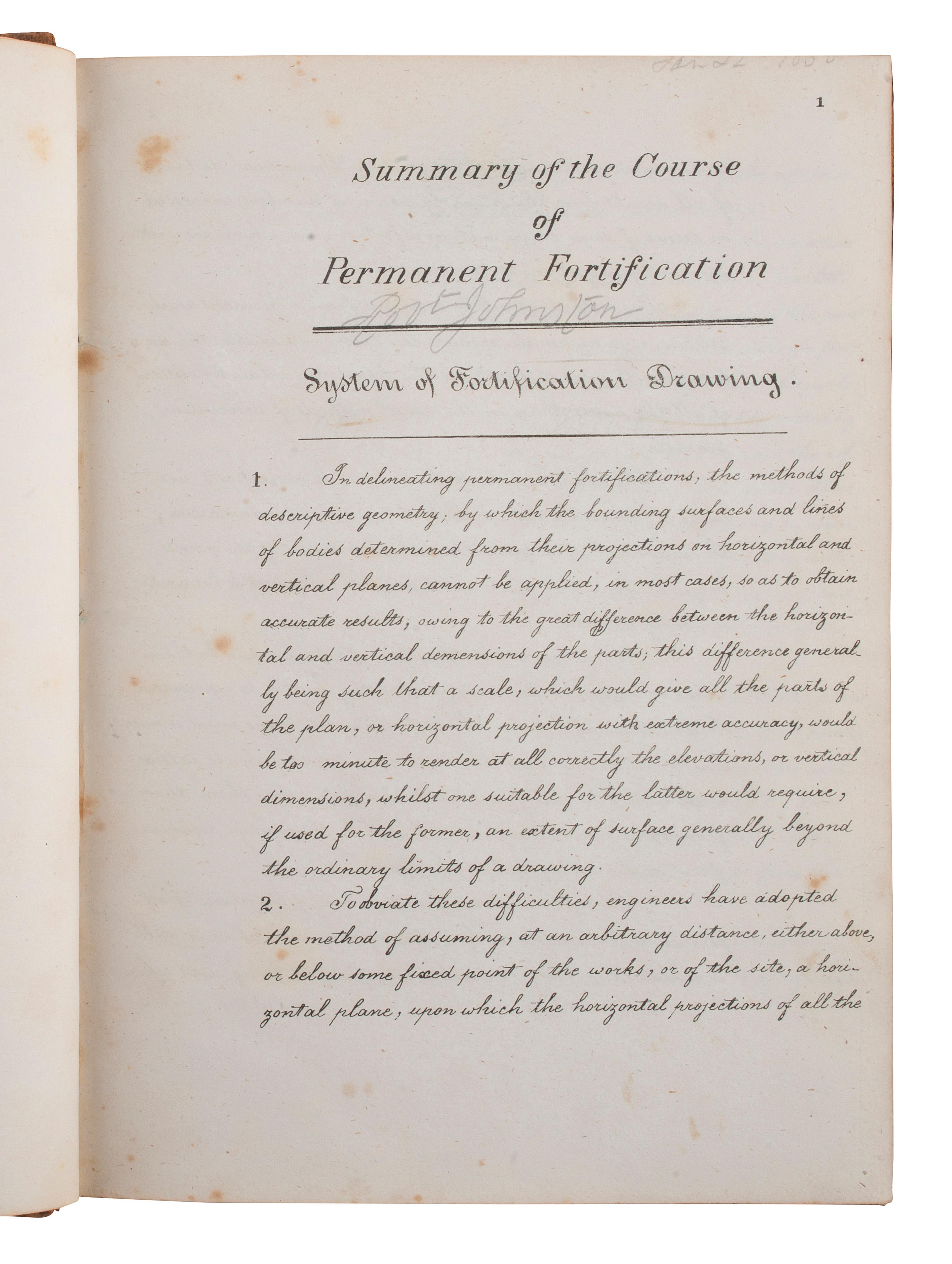[MILITARIA]. MAHAN, Dennis H. (1802-1871). Summary of the Course of Permanent Fortification. Identified to CSA Colonel Robert Johnston. [ With: ] Photograph of Dennis H. Mahan.