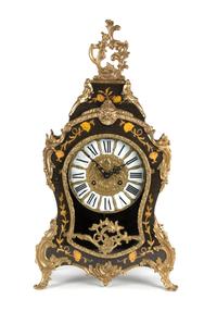 A German Louis XV Style Gilt Metal Mounted Marquetry Shelf Clock Height 22 1/4 inches. — Works by Franz Hermle