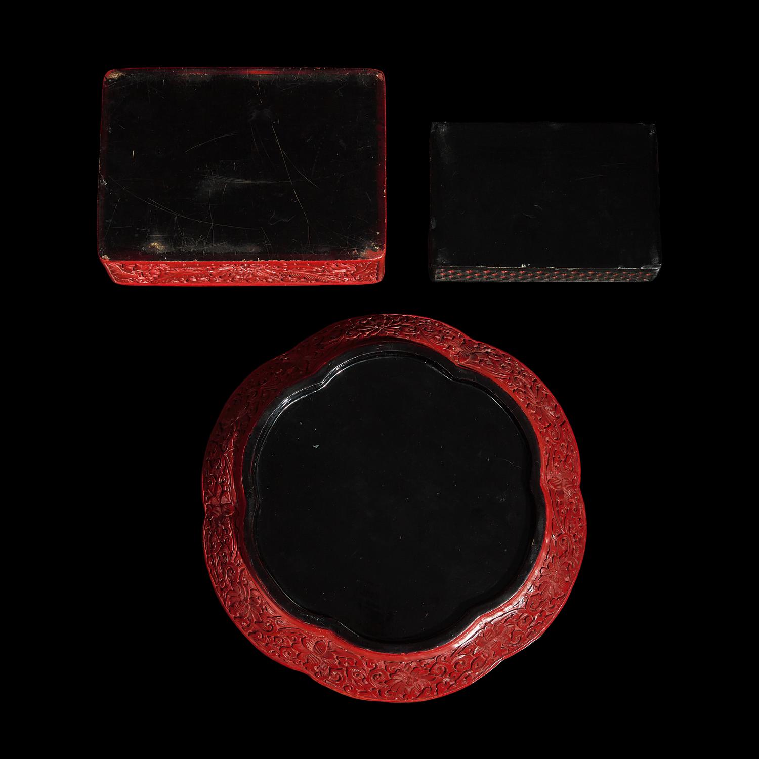 Two Chinese Lacquer Boxes and a Dish, Late 19th/20th Century 晚清民國 剔紅方形蓋盒二及葵花盤一件