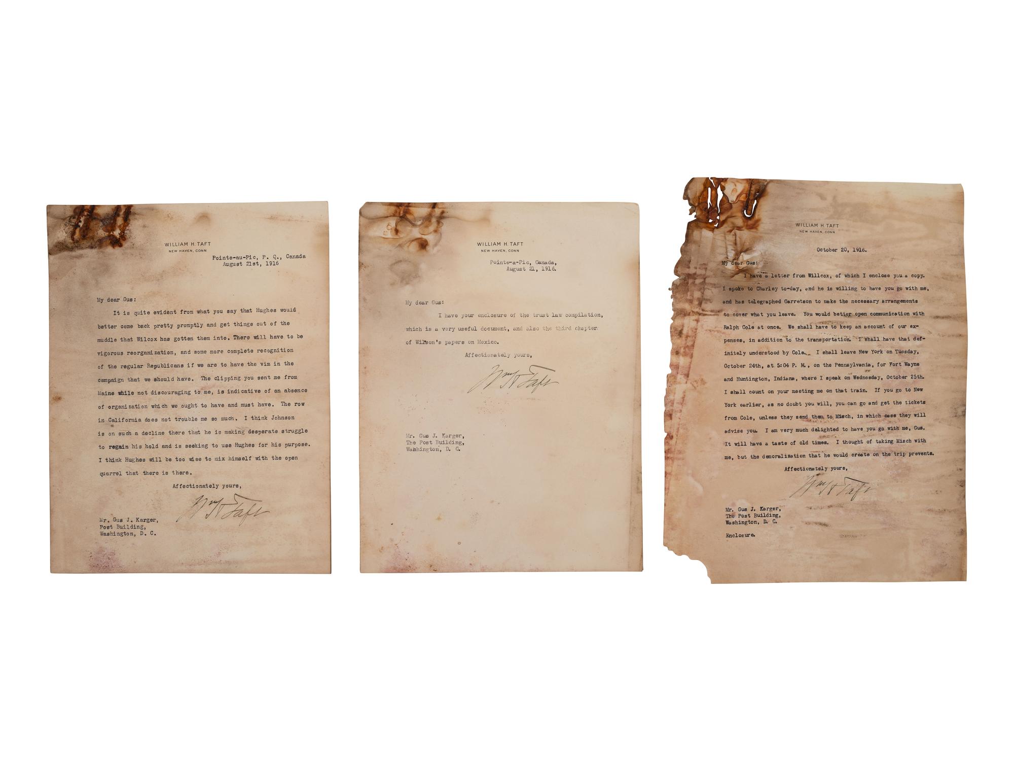 TAFT, William Howard (1857-1930). Archive of correspondence between Taft & “Gus” Karger, ca 1908-24.