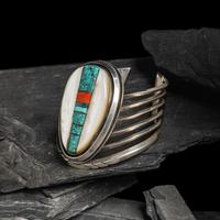 Victor Beck (Diné, 1941-2022) — Turquoise, Coral, and Mother of Pearl Silver Cuff Bracelet