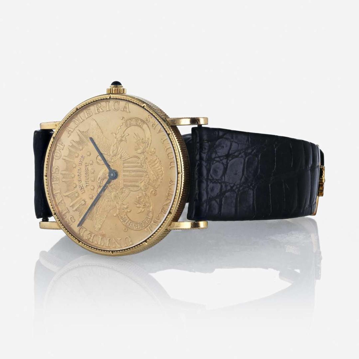 An 18K yellow gold 1879 $20 coin strap watch, Corum