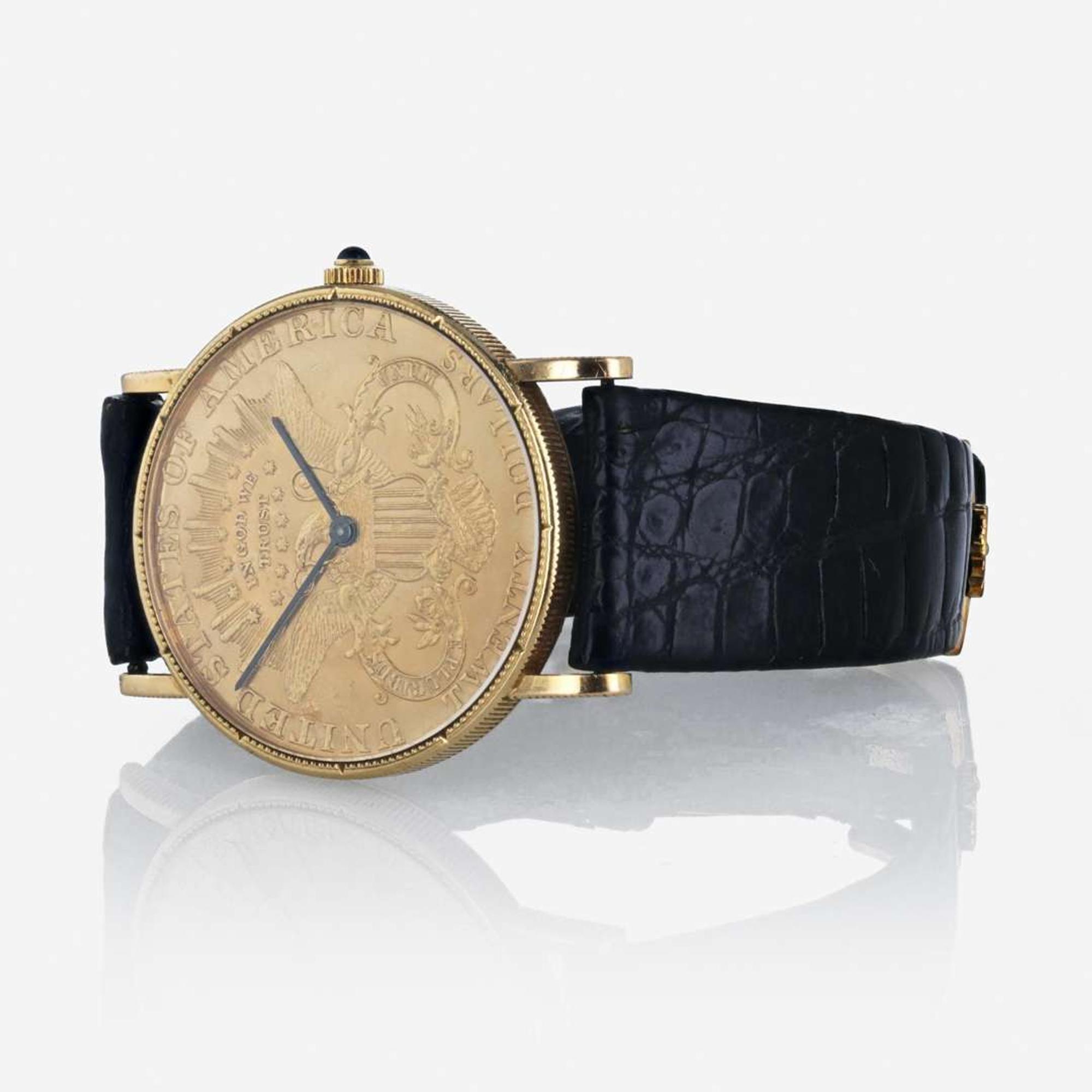 An 18K yellow gold 1879 $20 coin strap watch, Corum
