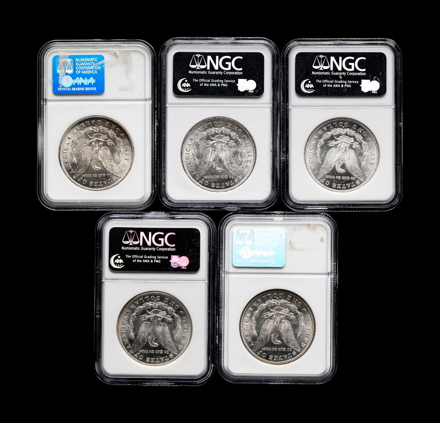 Five Morgan $1 Coins (NGC MS64)