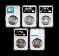 Five Morgan $1 Coins (NGC MS64)
