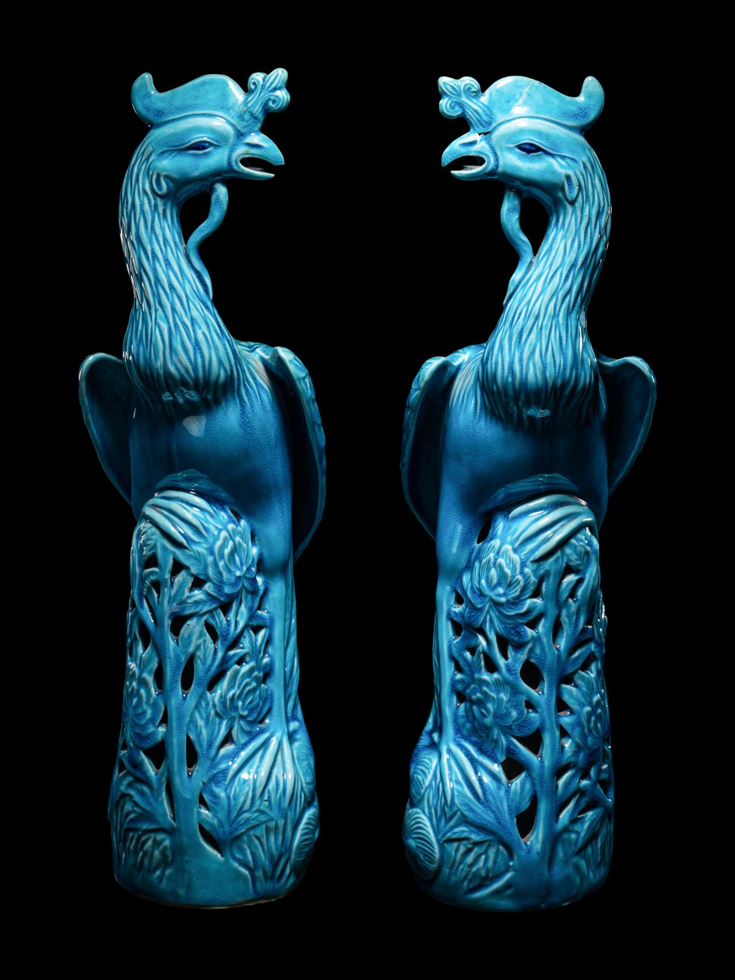 A Pair of Chinese Export Turquoise Glazed Porcelain Figures of Phoenix