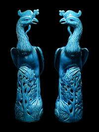 A Pair of Chinese Export Turquoise Glazed Porcelain Figures of Phoenix