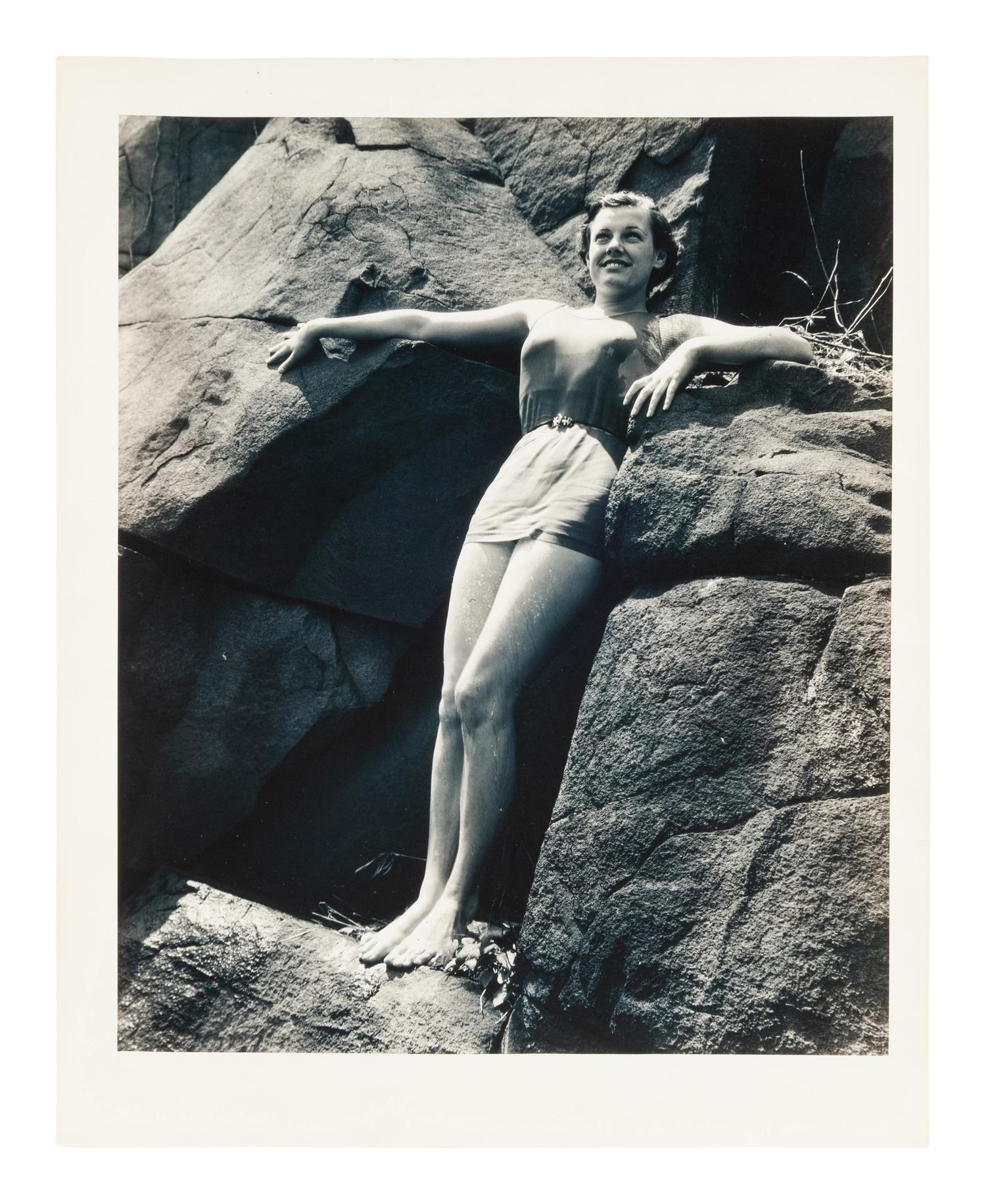 A group of five works ( Spools; Peter Lorre; #5; Model Standing in Rocks; Stairway Up Fuel Storage Tank )