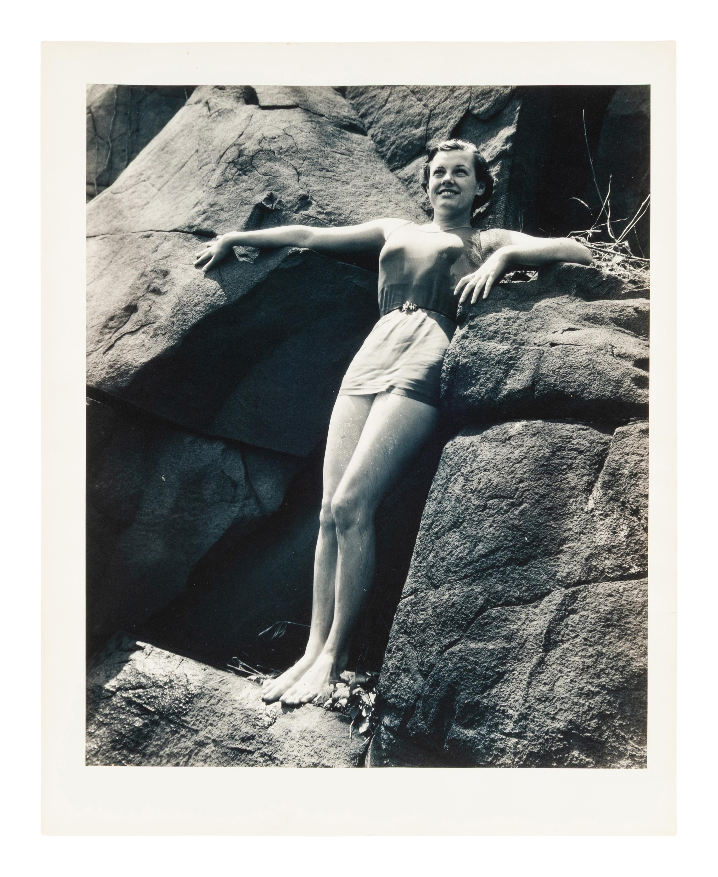 A group of five works ( Spools; Peter Lorre; #5; Model Standing in Rocks; Stairway Up Fuel Storage Tank )