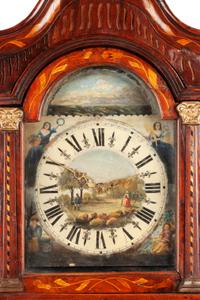 A Diminutive Dutch Marquetry Tall Case Clock Height 77 1/2 x width 18 x depth 11 inches.