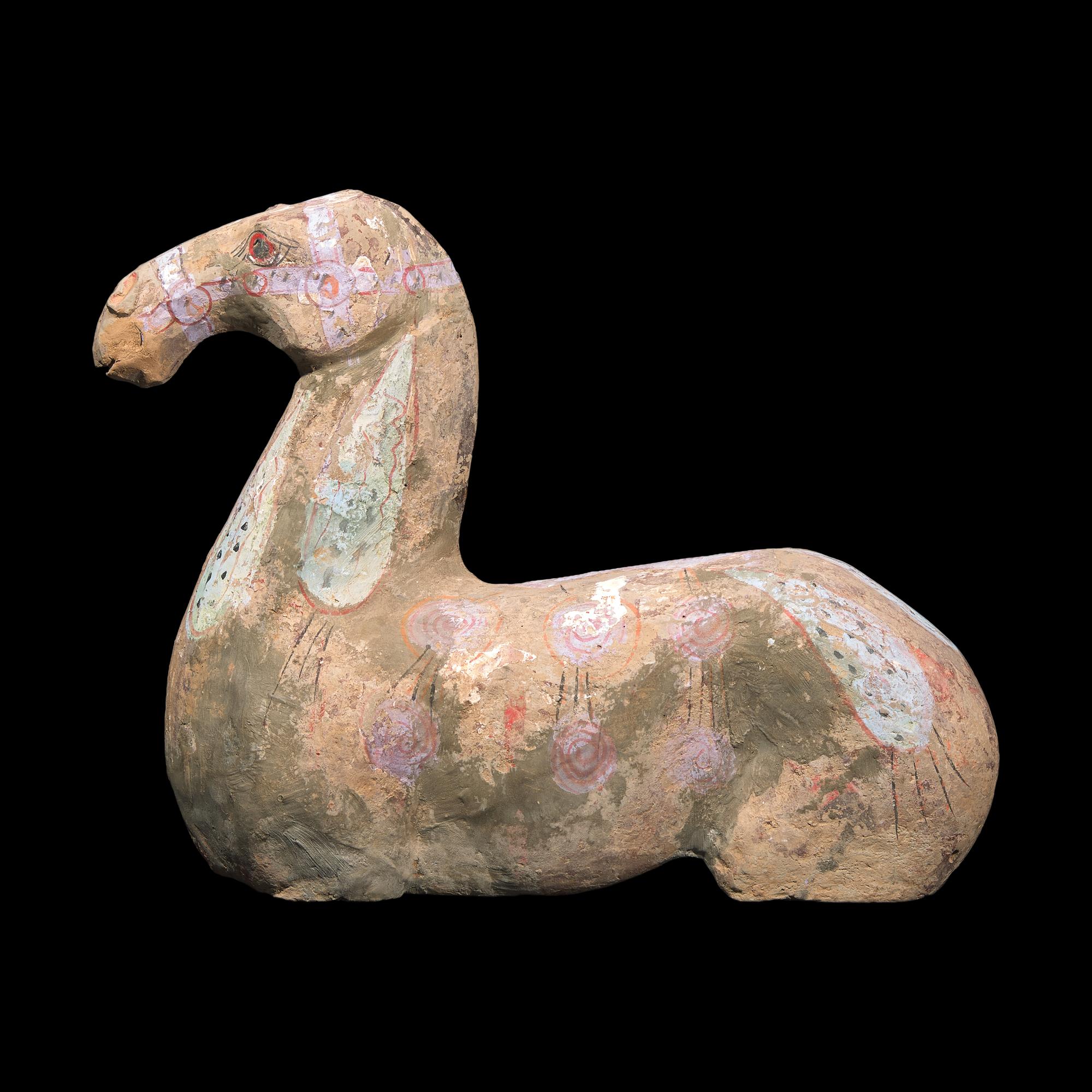 A Chinese Painted Grey Pottery Figure of Recumbent Horse, Han Dynasty 漢 彩繪灰陶馬