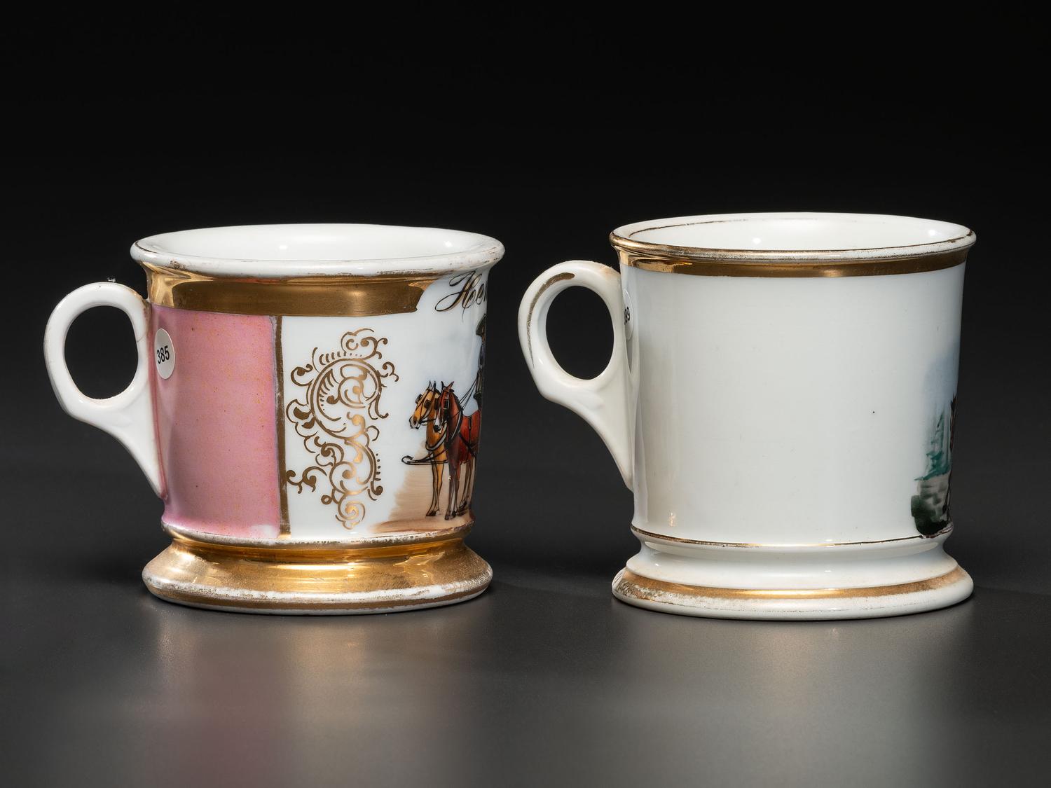 Two Porcelain Occupational Shaving Mugs with Horse-Drawn Wagons