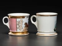 Two Porcelain Occupational Shaving Mugs with Horse-Drawn Wagons